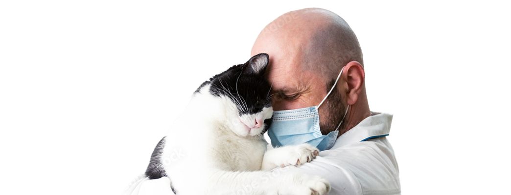 UrgentPaws veterinarian wearing a mask gently snuggling a cat, providing compassionate care for pets with vomiting, diarrhea, and other urgent health concerns.